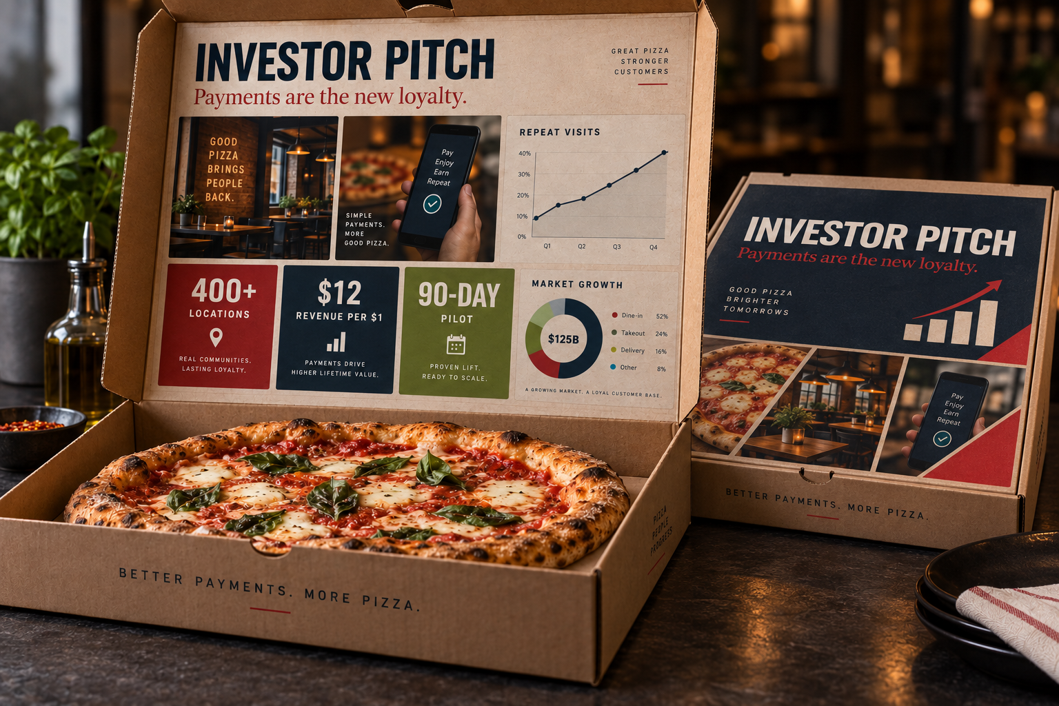 Hot pizza in an open box with a startup pitch printed inside, alongside a custom-printed cover